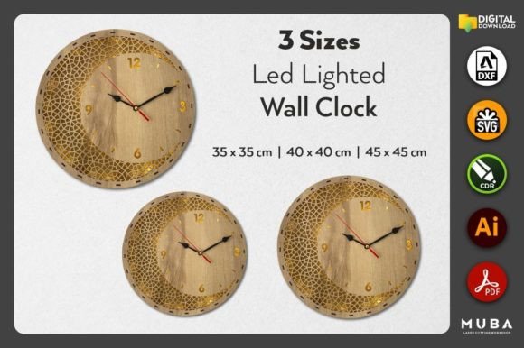 3 Sizes Wall Clock SVG & Led Lighted SVG for Laser Cut