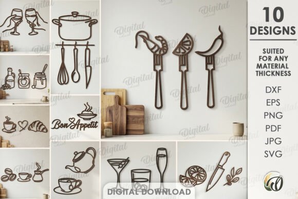 Elegant Kitchen Line Arts Decor for Laser Cut Projects