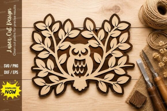 Elegant Owl Leaf Frame Laser Cut SVG Design
